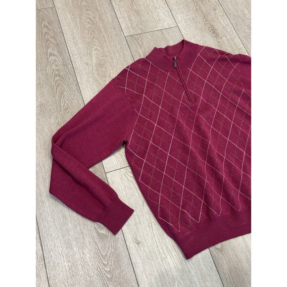 Peter Millar Sweater Mens L Red Argyle 1/4 Zip Pullover Merino Wool Preppy Golf - Picture 2 of 6